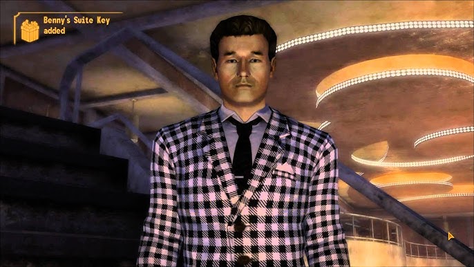 A screenshot from Fallout: New Vegas depicting Benny, a man wearing a checkered suit.