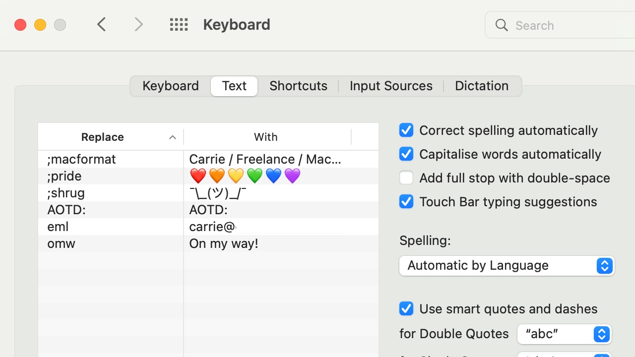 Screen shot showing macOS Keyboard text options
