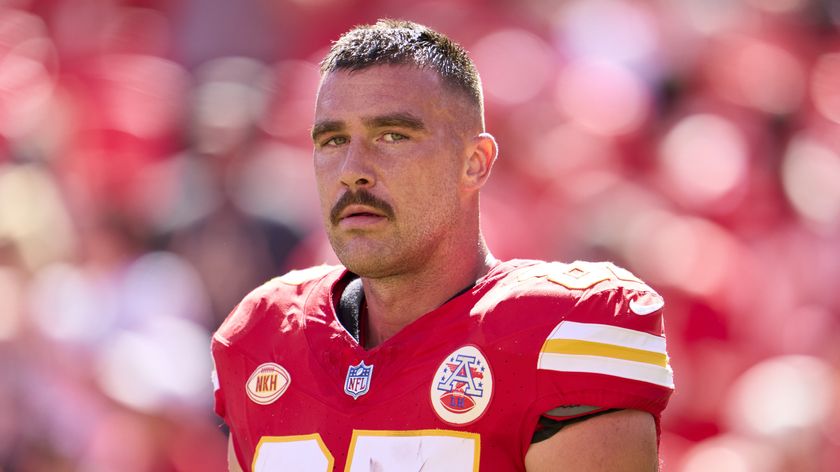 Travis Kelce #87 of the Kansas City Chiefs looks on before kickoff at the Super Bowl 2025 in New Orleans on Sunday, 9th February