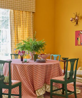 Yellow dining room with curtains and pelmet in Vanessa Arbuthnott's Sunflower fabric