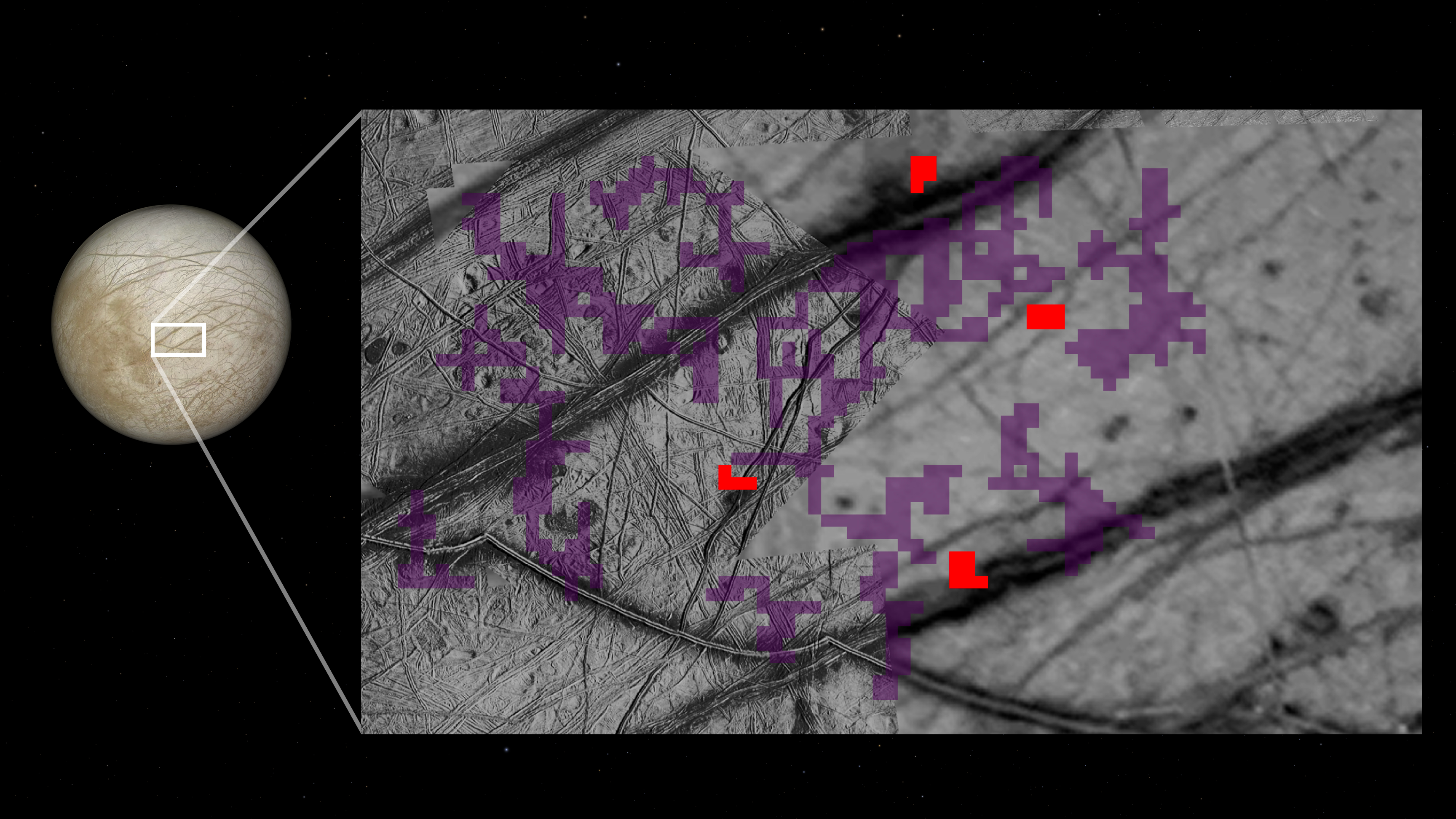 Composite image showing Europa at left with a box out highlighting a section of the moon's surface. The boxout image is gray with red and purple boxes overlaying it in some areas. 