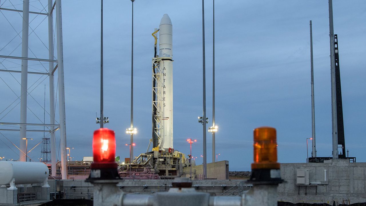The Northrop Grumman Antares rocket is seen a few hours after arriving at launch Pad-0A, Tuesday, Oct. 29, 2019, at NASA's Wallops Flight Facility in Virginia. Northrop Grumman&rsquo;s 12th contracted cargo resupply mission with NASA to the International Space Station will deliver about 8,200 pounds of science and research, crew supplies and vehicle hardware to the orbital laboratory and its crew.