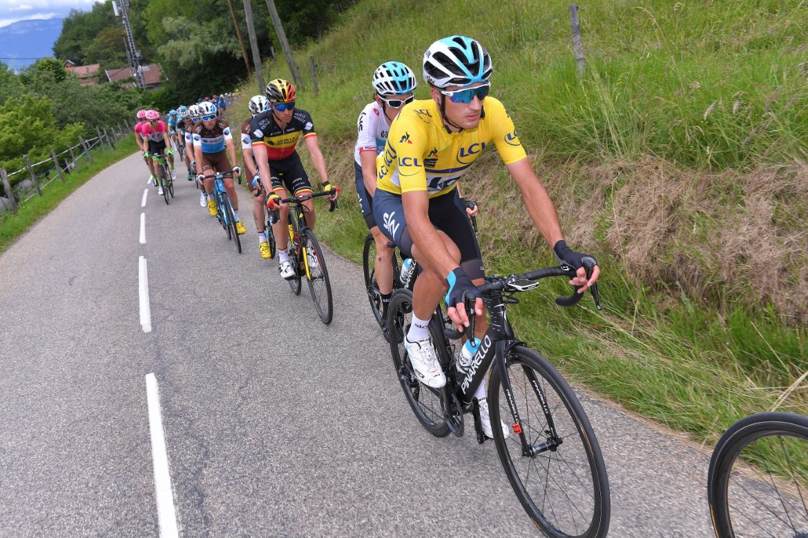 Gianni Moscon (Team Sky) in the leader's jersey at the Dauphine