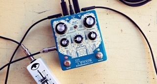 EarthQuaker Devices Towers Stereo Reverberant Filter: a very different take on reverb, the five-knob pedal has dual footswitches, a blue enclosure with cream graphic.