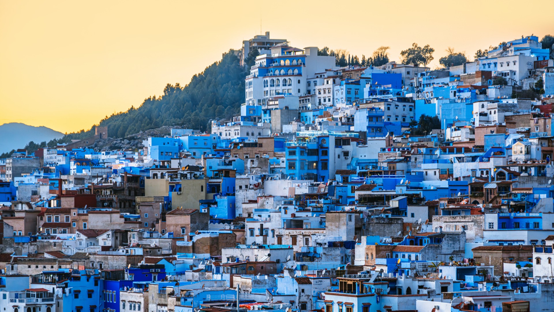 Colorful blue houses cascade down a hillside in Chefchaouen, Morocco. A vibrant, tranquil Moroccan village scene with dense rooftops and winding streets at golden hour.
