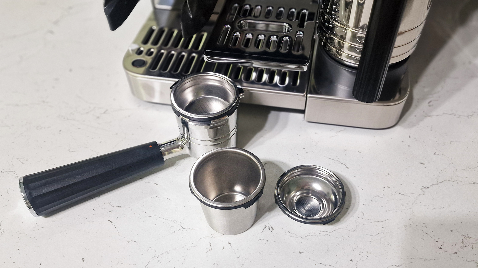Ninja Luxe Café Pro being tested in a green and white kitchen