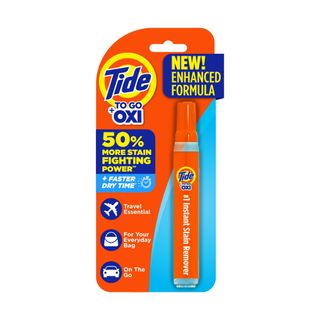 An orange and blue package with an orange Tide stain removal pen on it, with 'Tide to Go' in the lefthand corner.