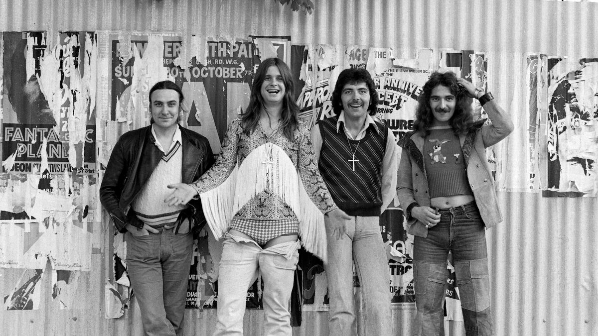 Black Sabbath posing against a wall in 1975