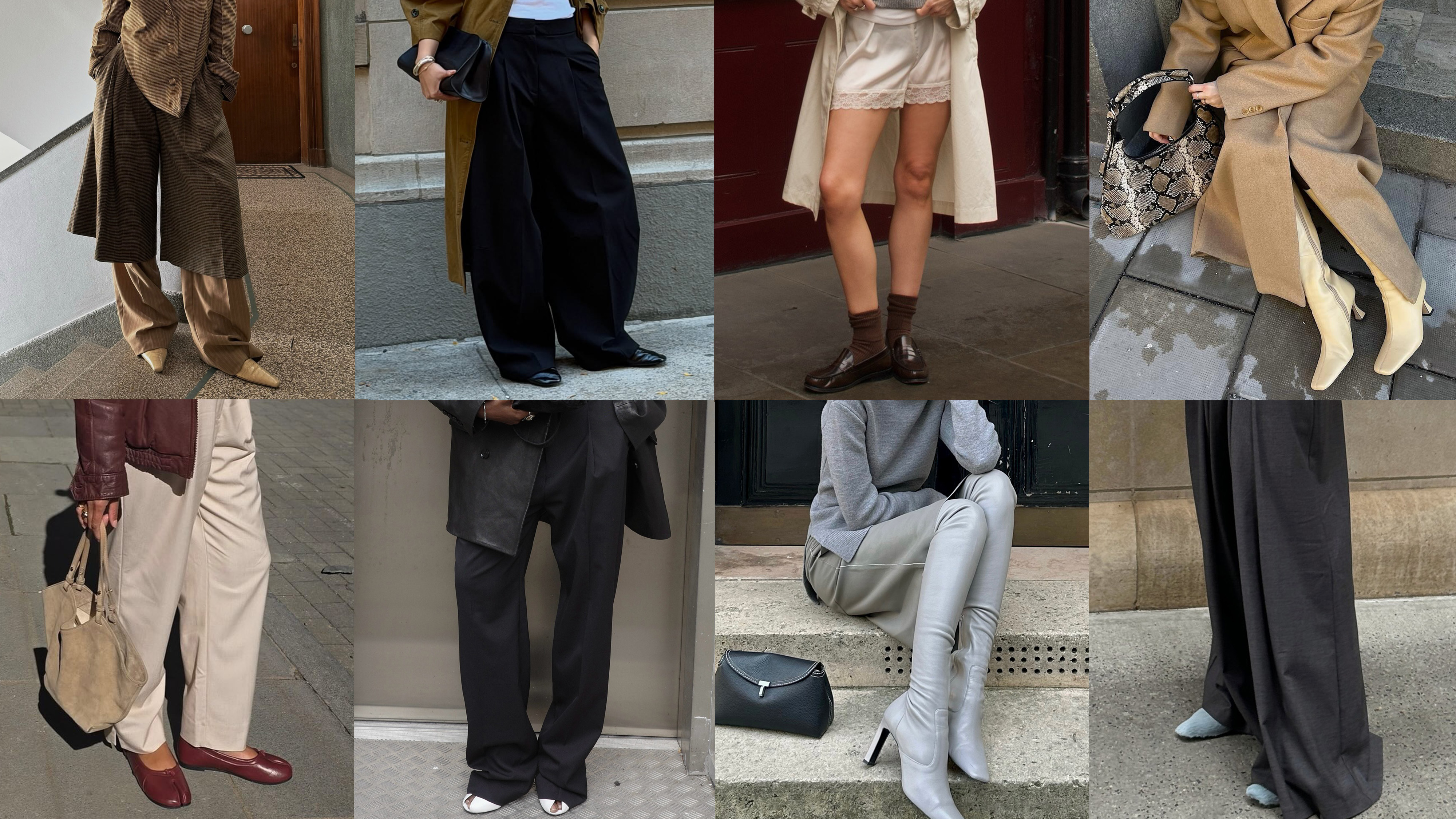 shoe color trends for fall 2025 in a collage of women&#039;s outfits wearing the shoe color trend buttercream, black, burgundy, ice blue, slate gray, and white