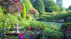 English garden full of colorful flowers and stone bird bath in summer