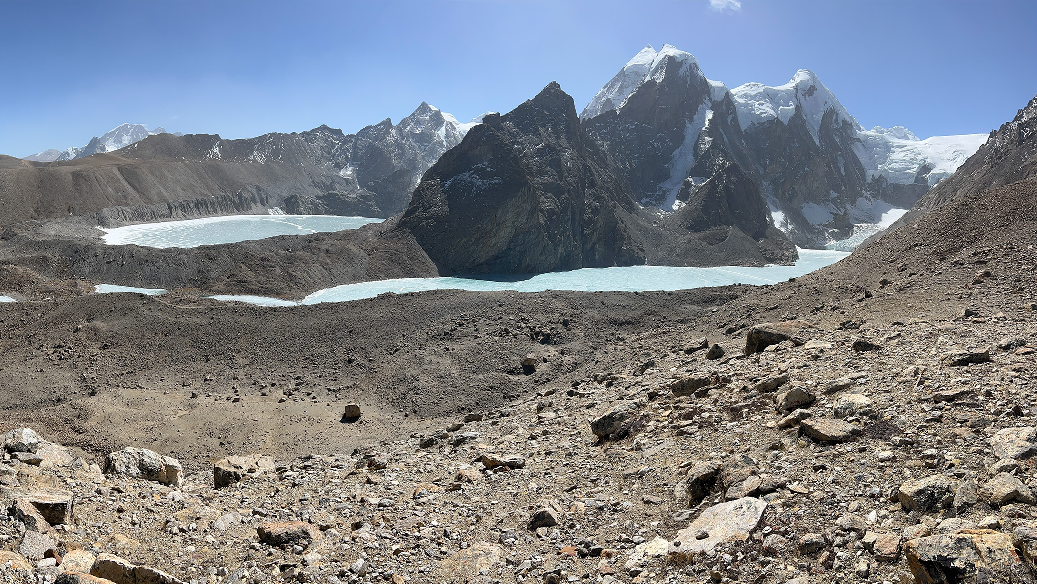 Tso Lhamo plateau, a remote, high-altitude cold desert near the Indo-China border. There is dry rocky ground in the foreground, a lake in the mid ground and narrow, tall mountains in the background.