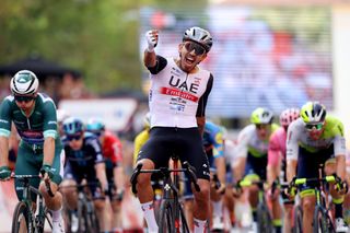 ZARAGOZA SPAIN SEPTEMBER 07 Juan Sebastian Molano Benavides of Colombia and UAE Team Emirates celebrates at finish line as stage winner during the 78th Tour of Spain 2023 Stage 12 a 1506km from lvega to Zaragoza UCIWT on September 07 2023 in Zaragoza Spain Photo by Alexander HassensteinGetty Images