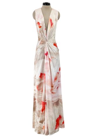 Beautiful 2010 Alexander Mcqueen Draped Silk Dress W Oversized Soft Floral Print & Deep Front Plunge