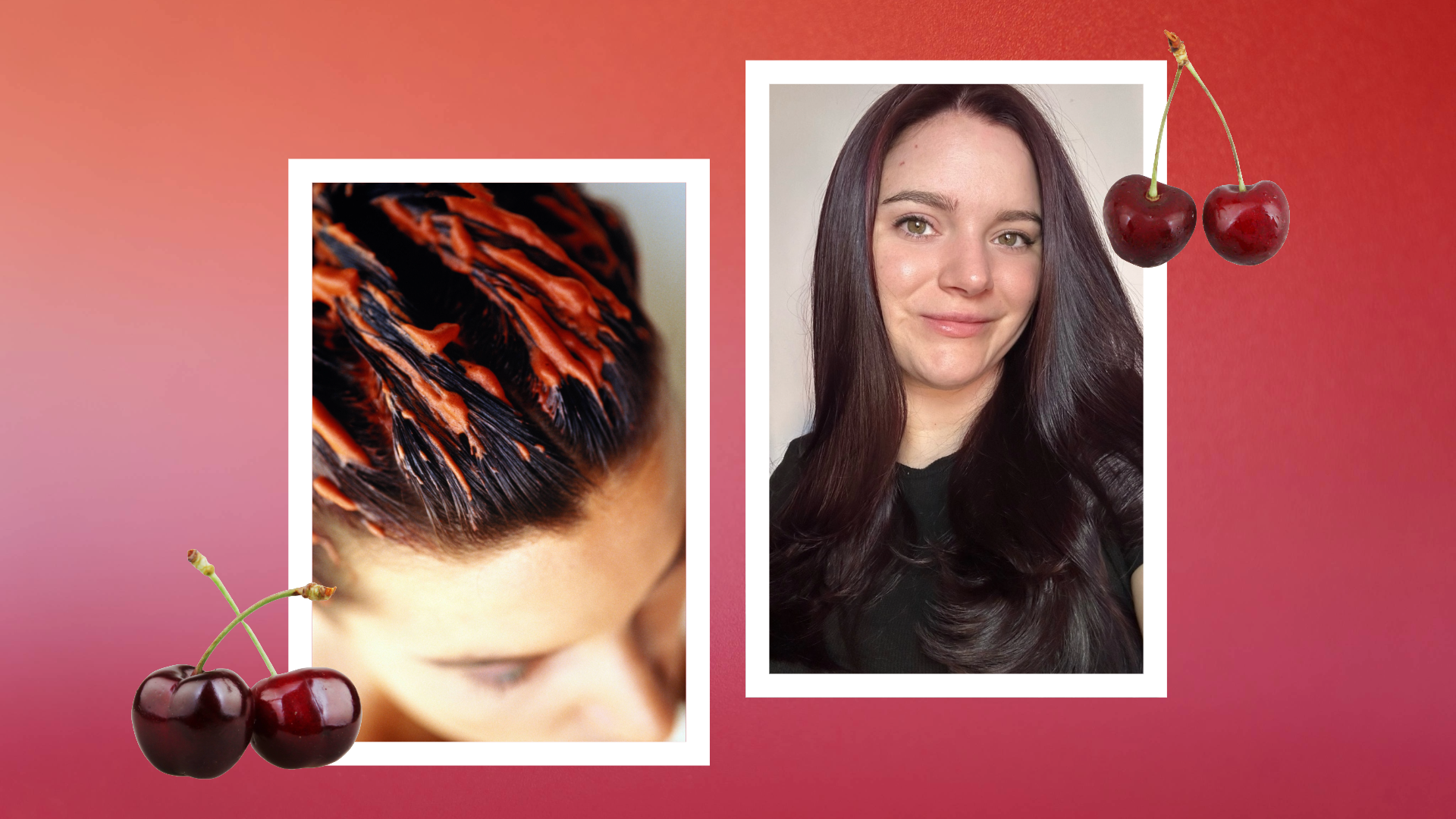 collage of woman with red hair dye on hair and brooke knappenberger portrait with white borders and cherries overlaid on a red and orange background 