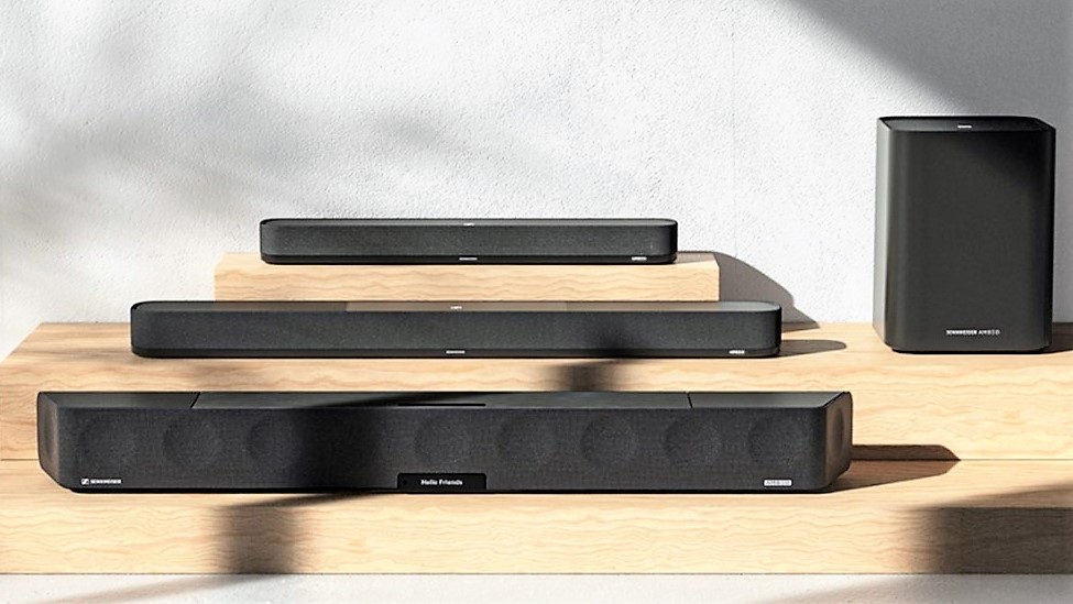 Sennheiser Ambeo Soundbar Max, Plus, Mini and Ambeo Sub together in series product shot