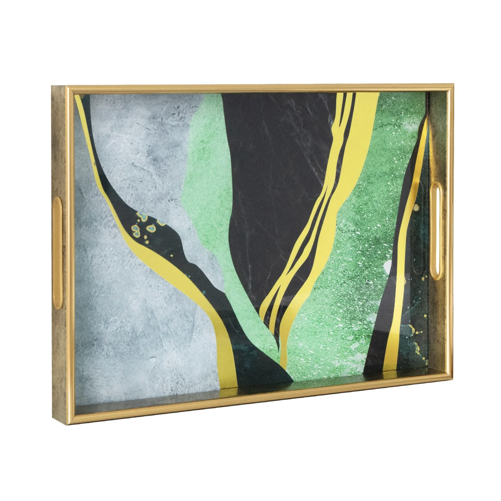 gold rimmed tray with green abstract pattern