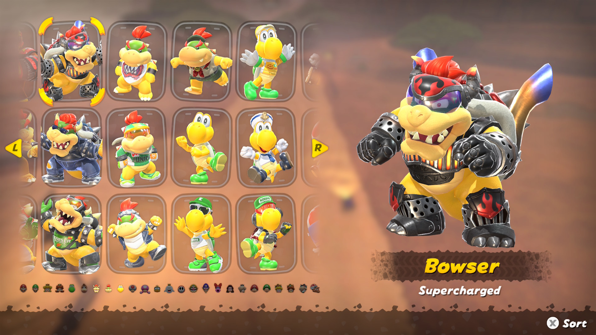 Mario Kart World Bowser outfits including Supercharged