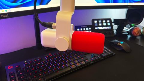 Logitech Blue Sona microphone suspended in a streaming setup