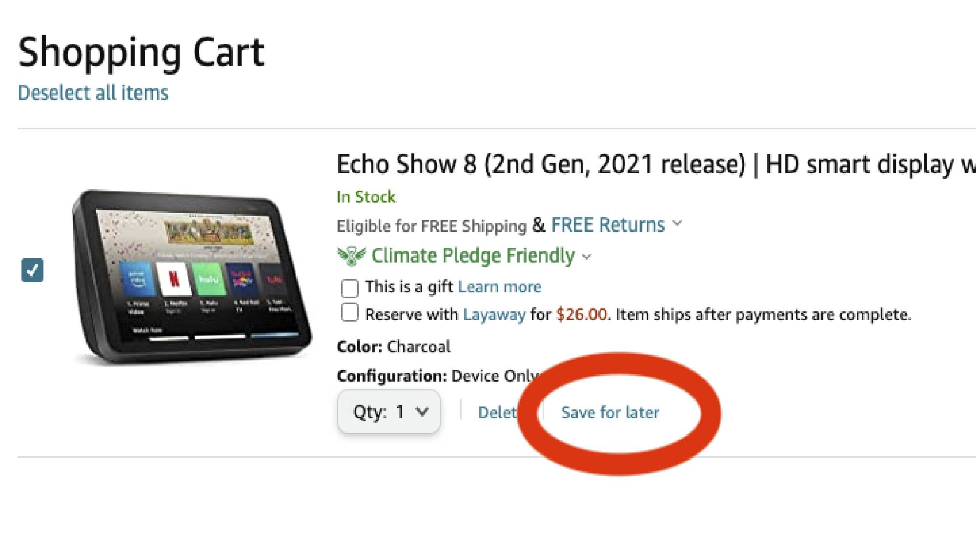 A close up of Amazon's Save for Later option