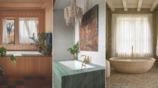 three images compiled of bathrooms with bathtubs