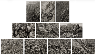 A grid of ten black-and-white photographs showing the Serra Pelada gold mine in Brazil, ranging from wide aerial views of a vast pit swarming with thousands of workers to close-up portraits of mud-covered men carrying heavy sacks up precarious wooden ladders