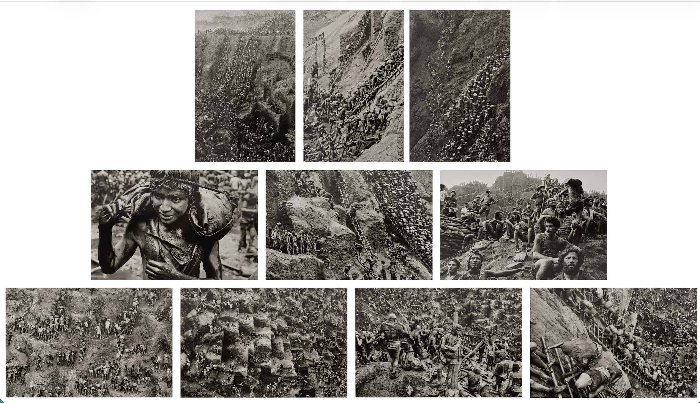A grid of ten black-and-white photographs showing the Serra Pelada gold mine in Brazil, ranging from wide aerial views of a vast pit swarming with thousands of workers to close-up portraits of mud-covered men carrying heavy sacks up precarious wooden ladders