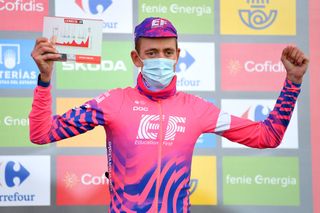ALTODELANGLIRU SPAIN NOVEMBER 01 Podium Hugh Carthy of The United Kingdom and Team EF Pro Cycling Celebration Trophy Mask Covid safety measures during the 75th Tour of Spain 2020 Stage 12 a 1094km stage from Pola de Laviana to Alto de lAngliru 1560m lavuelta LaVuelta20 La Vuelta on November 01 2020 in Alto de lAngliru Spain Photo by Justin SetterfieldGetty Images