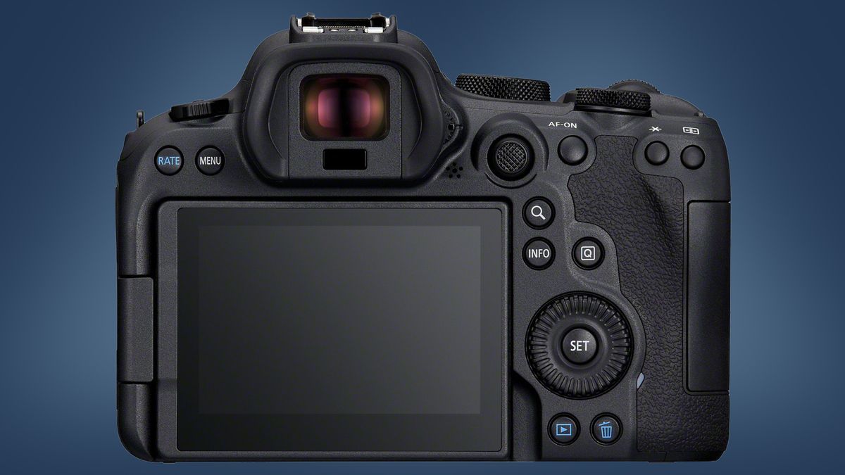 The Canon EOS R6 Mark II camera on a blue background