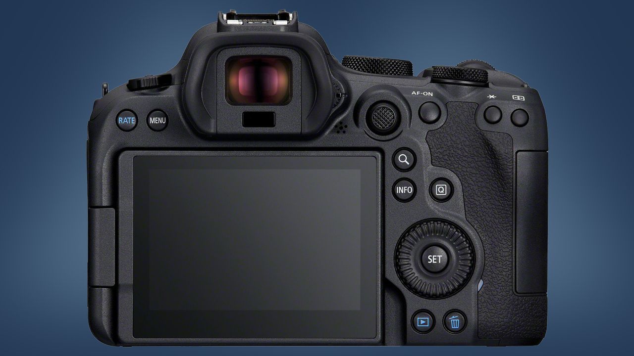 The Canon EOS R6 Mark II camera on a blue background