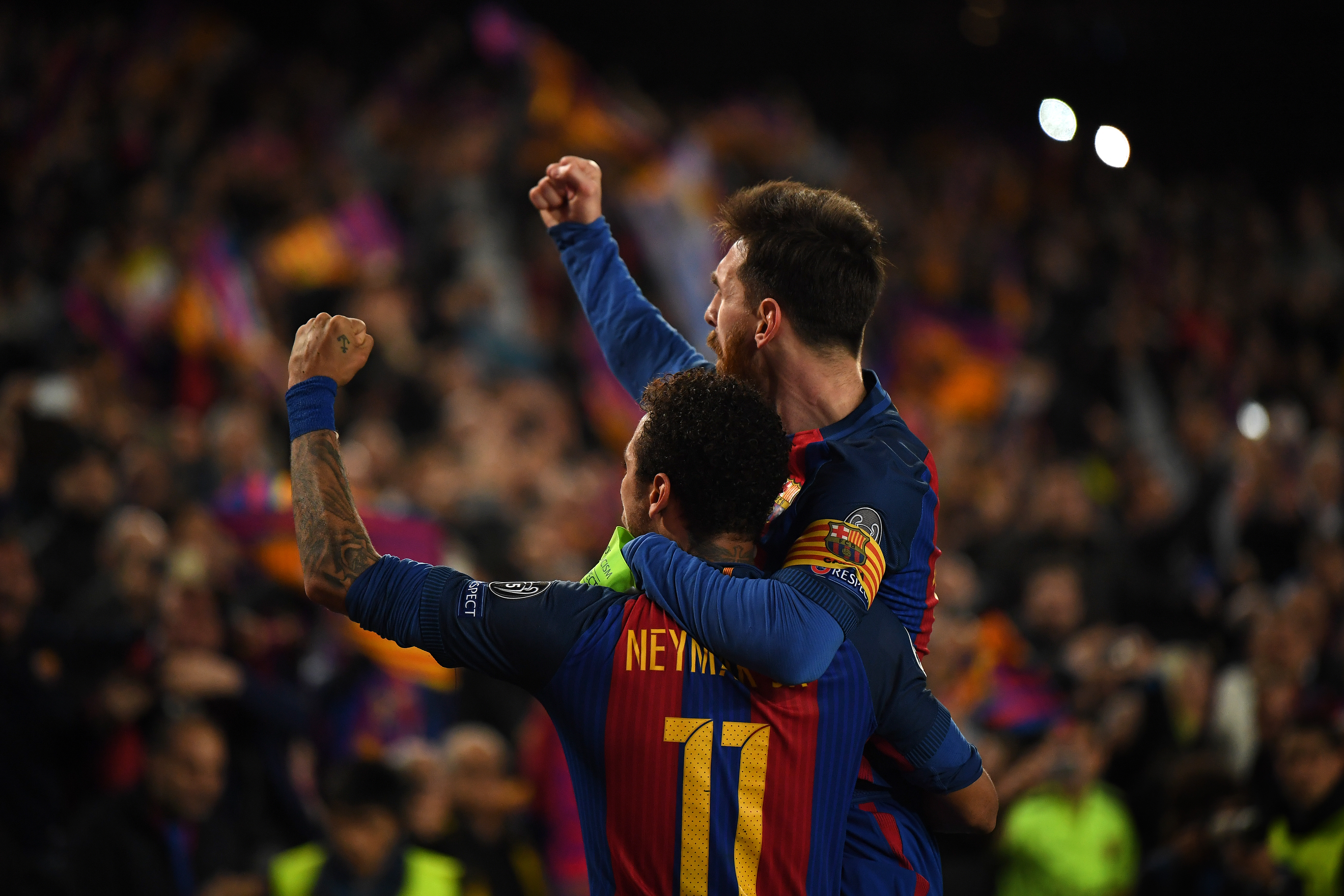 Barcelona pair Lionel Messi and Neymar celebrate their team's sixth goal against Paris Saint-Germain in an epic comeback at Camp Nou in the Champions League in March 2017.