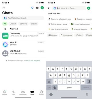 Whatsapp Meta AI integration with the search bar