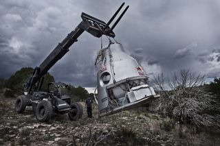 Crew members recover the capsule in the desert after the successfully compleated second manned test flight for Red Bull Stratos in Roswell, New Mexico, USA on July 25, 2012.