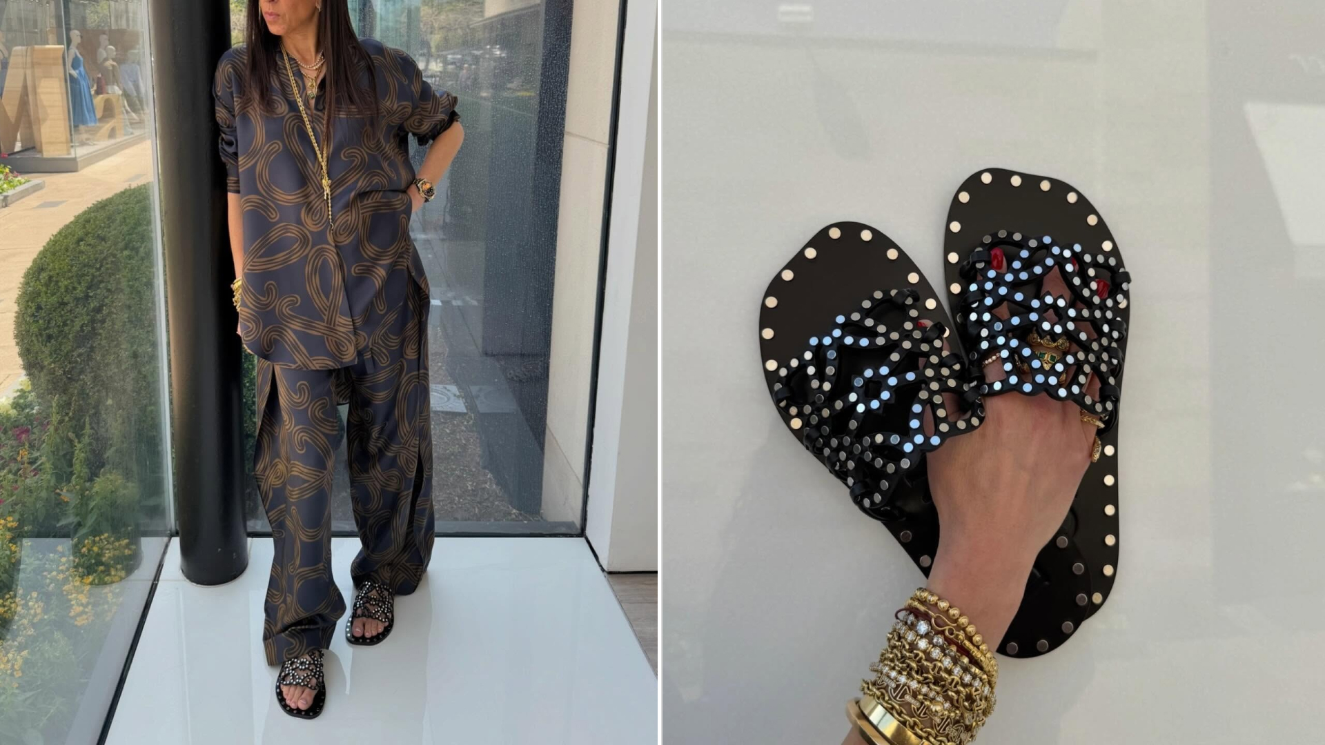 two photos of Marci Hirshleifer wearing pajama pants and slides