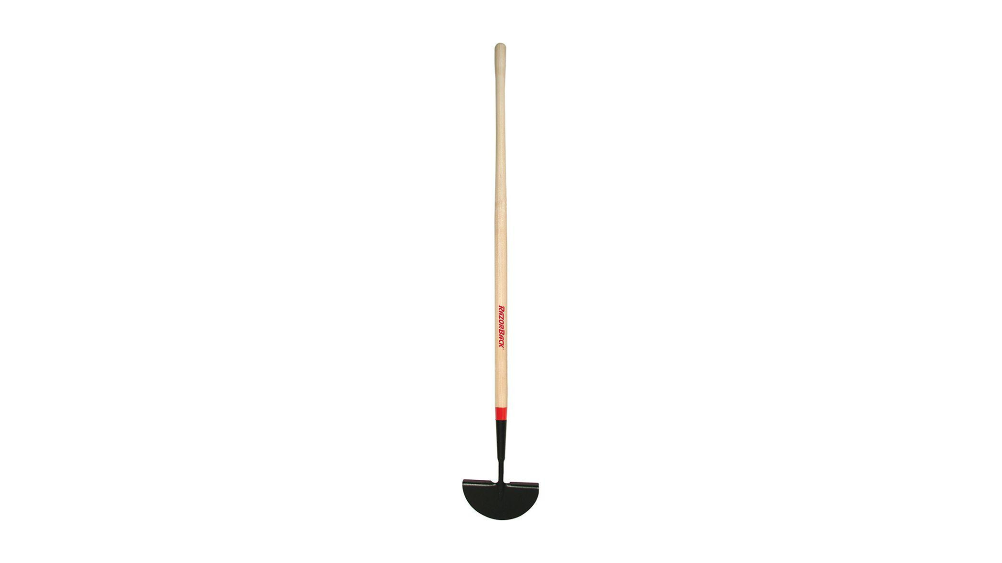 Razor-Back Wood Handle Turf Edger with straight handle and crescent blade on white background