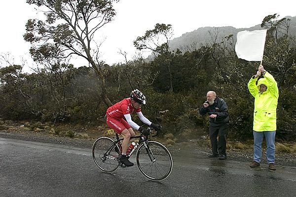 Gene Bates (Drapac Porsche) wins the climb up Poatina in strong winds and freezing conditions.