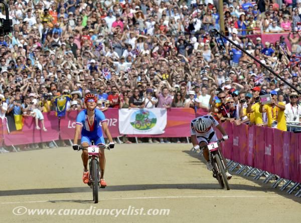 Jaroslav Kulhavy (Czech Republic) takes the 2012 Olympic gold medal ahead of Nino Schurter (Switzerland)