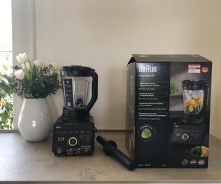 Braun TriForce Power Blender on the countertop with the box beside it