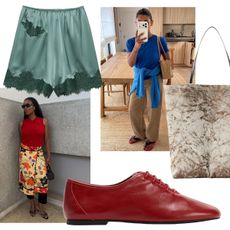 Collage of stylish early-fall outfits and fashion items