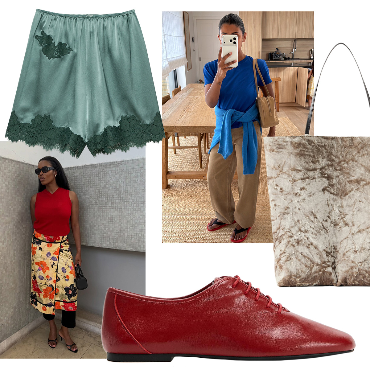 Collage of stylish early-fall outfits and fashion items