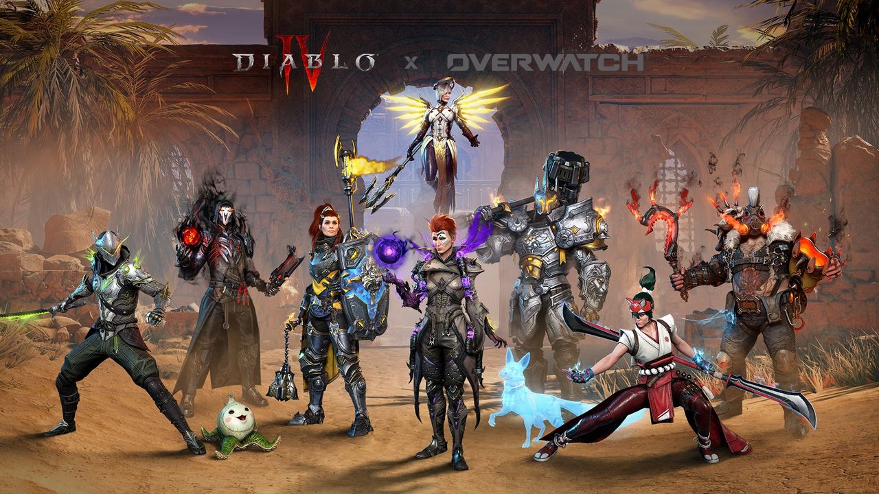 Diablo characters wearing Overwatch themed cosmetics