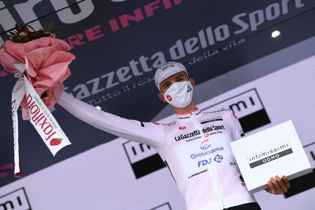GUARDIA SANFRAMONDI ITALY MAY 15 Attila Valter of Hungary and Team Groupama FDJ White Best Young Rider Jersey celebrates at podium during the 104th Giro dItalia 2021 Stage 8 a 170km stage from Foggia to Guardia Sanframondi 455m Trophy girodiitalia Giro UCIworldtour on May 15 2021 in Guardia Sanframondi Italy Photo by Tim de WaeleGetty Images