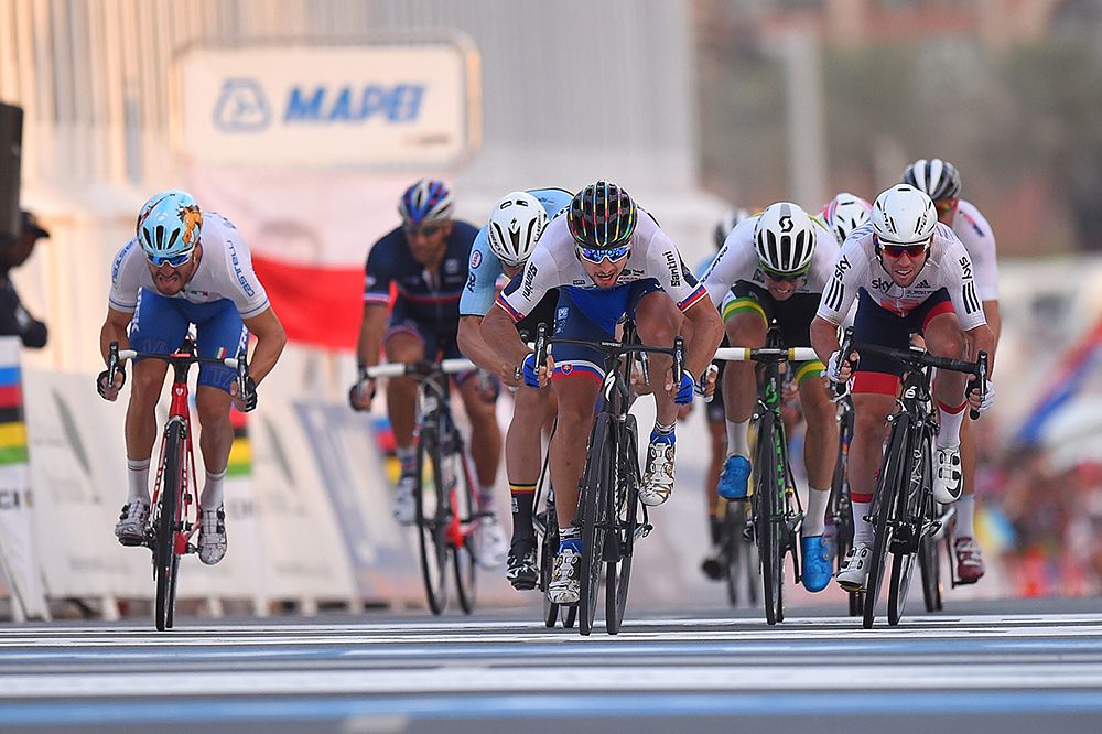 Peter Sagan wins the sprint to the line ahead of Mark Cavendish and Tom Boonen