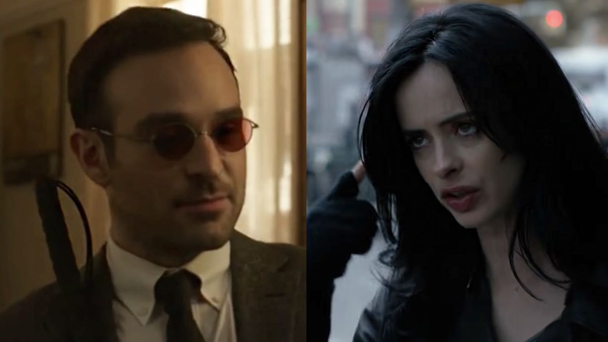 Matt Murdock, played by Charlie Cox, sits down, wearing his classic red lens glasses to give Spider-Man legal counsel in No Way Home, Jessica Jones, played by Krysten Ritter, on the streets of NYC looking upset and pointing to her face. 