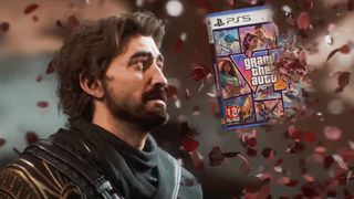 A bearded, wavy‑haired character in a dark, gold‑trimmed outfit looks upward as rose petals float around him, while a PlayStation 5 case for Grand Theft Auto V appears on the right side of the image.