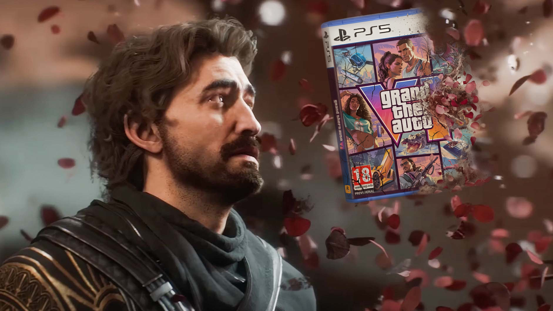 A bearded, wavy‑haired character in a dark, gold‑trimmed outfit looks upward as rose petals float around him, while a PlayStation 5 case for Grand Theft Auto V appears on the right side of the image.