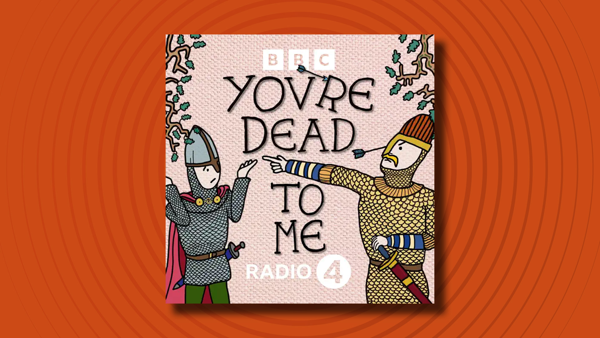 The logo of the You're Dead To Me podcast on an orange background