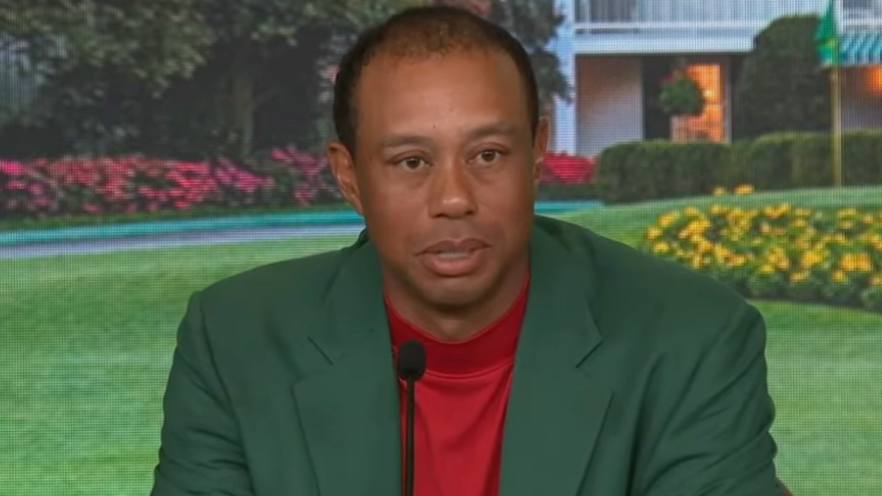 Tiger Woods speaks during an interview after winning at The Masters in 2019.