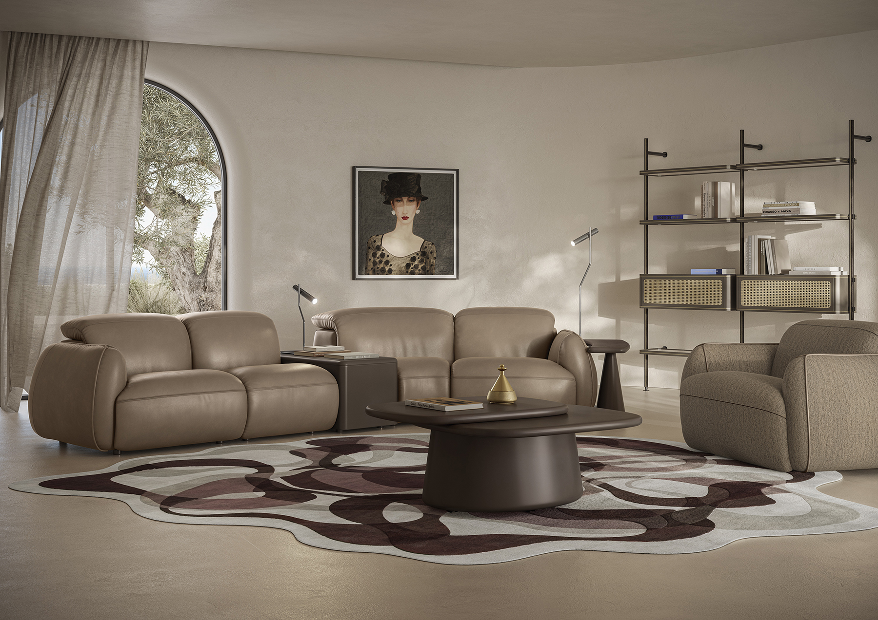 a brown leather couch in a modern living room
