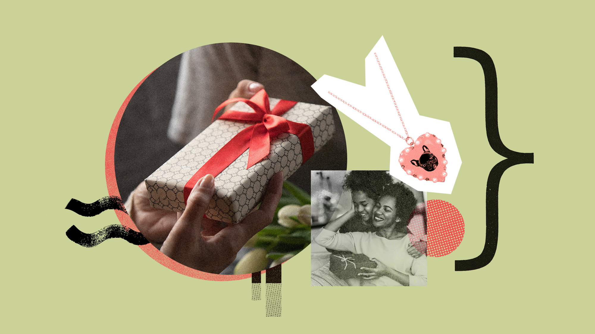 Photo collage of people exchanging gifts and hugging, as well as a personalized pet portrait necklace