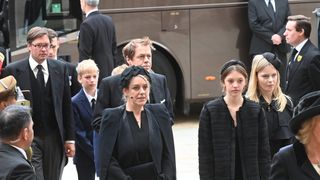 Queen Camilla's son and daughter and grandchildren arrive for the State Funeral of Queen Elizabeth II